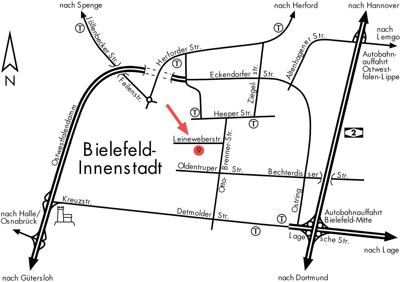 Anfahrtsplan f&uuml;r das Technische Redakteursb&uuml;ro texton Technische Redaktion Volker Kunis, Leineweberstr. 9, 33607 Bielefeld, tel 0521/27610